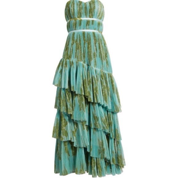 ANTHROPOLOGIE Hutch Lanza Strapless Pleated Tiered Ruffle Tulle Maxi Dress Green - Picture 12 of 15